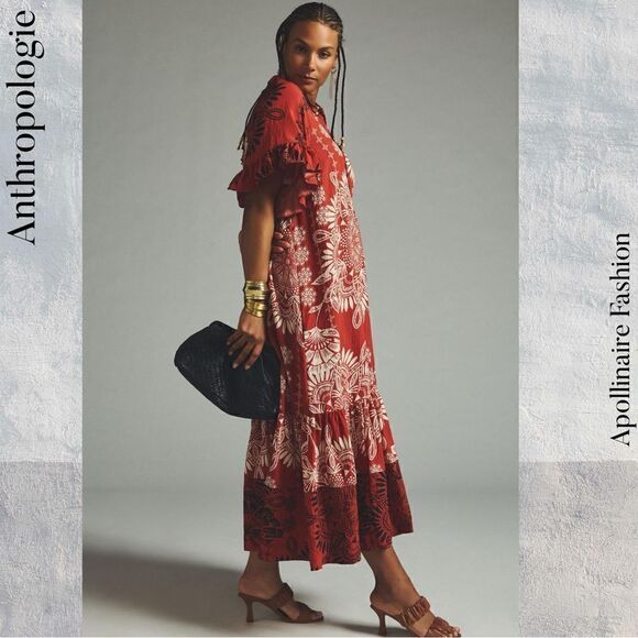 ANTHROPOLOGIE RUFFLED SLEEVES MAXI DRESS SMALL IN CRIMSON NWOT - Picture 3 of 7